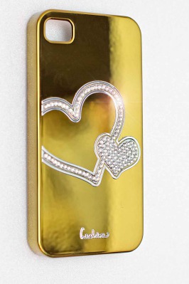Чехол с сердцами из кристаллов для iPhone 4/4S золотистый купить недорого в Москве - вид 1 миниатюра