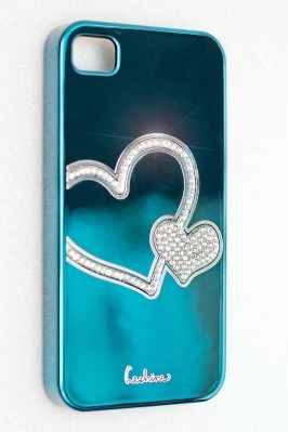 Чехол с сердцами из кристаллов для iPhone 4/4S лазурный купить недорого в Москве - вид 1 миниатюра